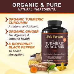 Life’s Fortune Organic Turmeric Curcumin Dietary Supplement, 180 Count – 750mg