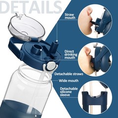 BLUEGO 64oz Glass Water Bottles with Straw Time Marker 64 Ounces, Dark Blue