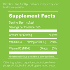 Vitamin Supplement 2000 IU D3 K2 MK-7 100 mcg 365 Mini Softgels Organic