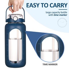 BLUEGO 64oz Glass Water Bottles with Straw Time Marker 64 Ounces, Dark Blue