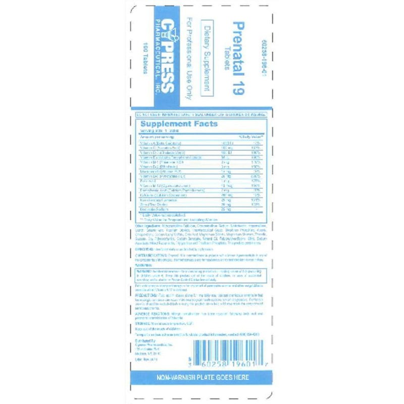Cypress Pharmaceutical Prenatal 19 tablets100