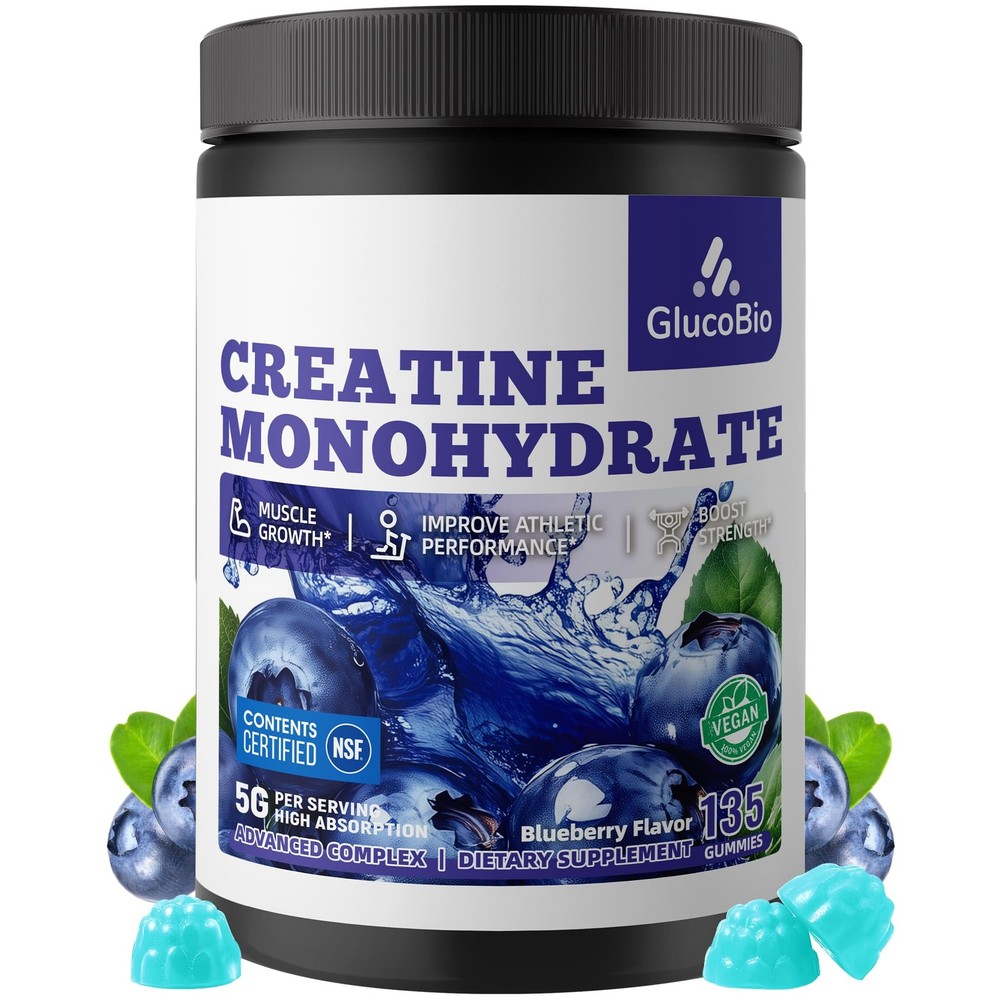 GlucoBio Creatine Monohydrate Gummies (5g) – 135 Count (Pack of 1), Blueberry