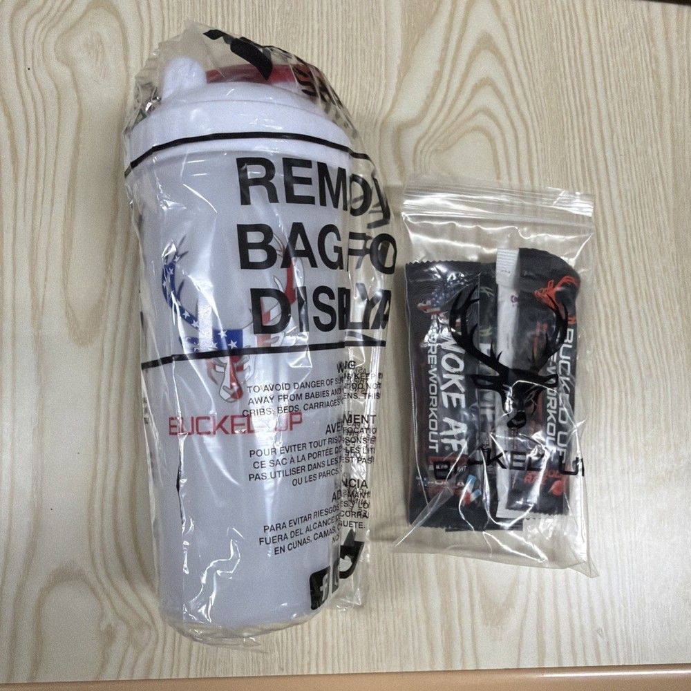 Bucked Up Perfect Shaker 28 oz White with USA Flag Logo With Pre Workout Samples