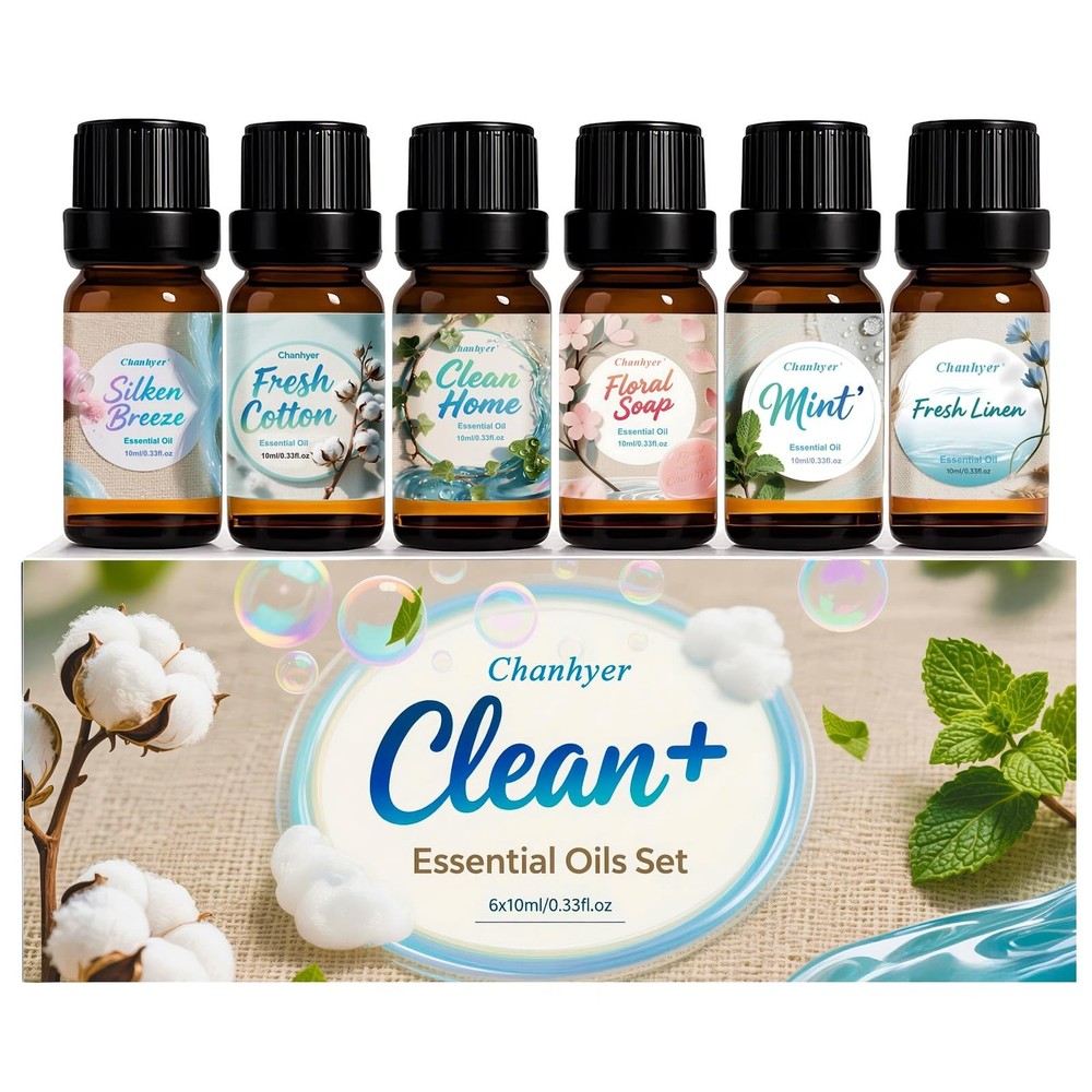 Clean Essential Oils Set 6 x 10ml–Fresh Linen, Mint,Clean Home,Silken Bree