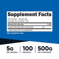 Monohidrato de creatina en polvo micronizado, 500 g, 5000 mg por servicio (5 g)