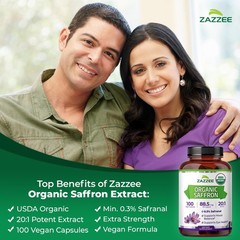Zazzee USDA Organic Saffron 201 Extract, 88.5 mg, 0.3 Safranal, 100 Vegan Cap…