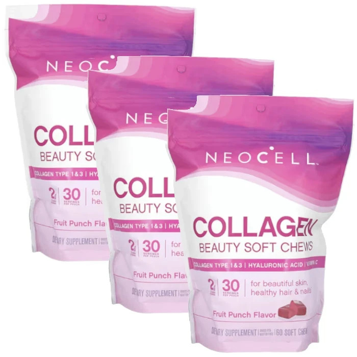 NeoCell Collagen Beauty Soft Chews Fruit Punch 60 Chews Each (Pack of 3)