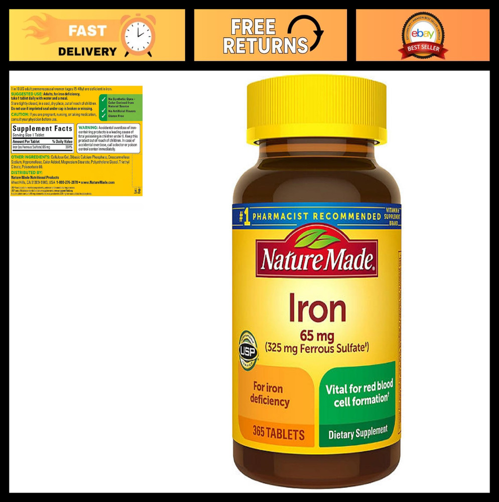 Iron 65 mg Tablets for Red Blood Cell Formation – 365 Count, Ferrous Sulfate Sup