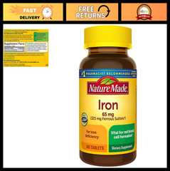 Iron 65 mg Tablets for Red Blood Cell Formation – 365 Count, Ferrous Sulfate Sup