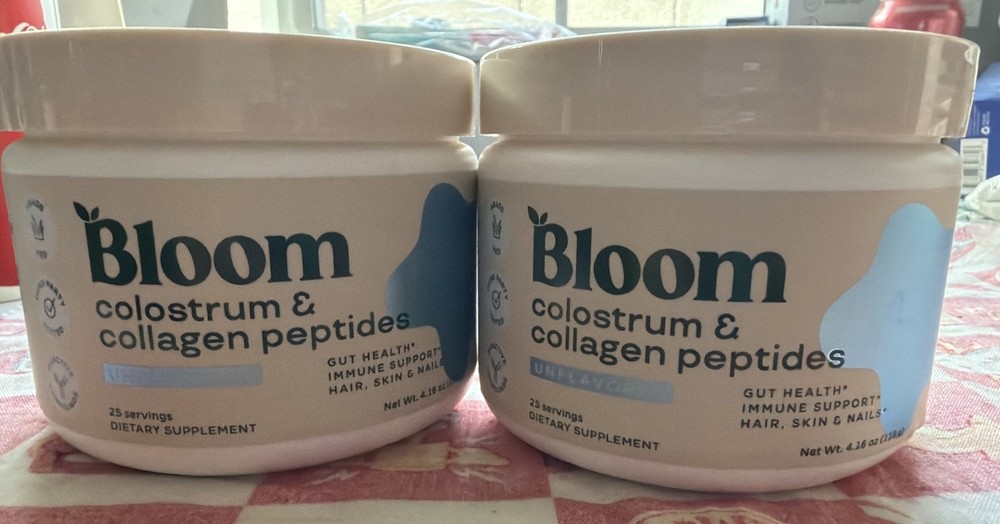 2XBloom Colostrum & Collagen Peptides 25 Servings Ea Unflavored 4.16oz Ex 12/26