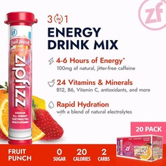 Zipfizz Daily Energy Drink Powder, Fruit Punch, 20 Pack 3-In-1 Sustained Energy,