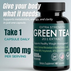 Green Tea Capsules – 6000mg Extract w/ EGCG | 20:1 Potent Fat Burner & Energy