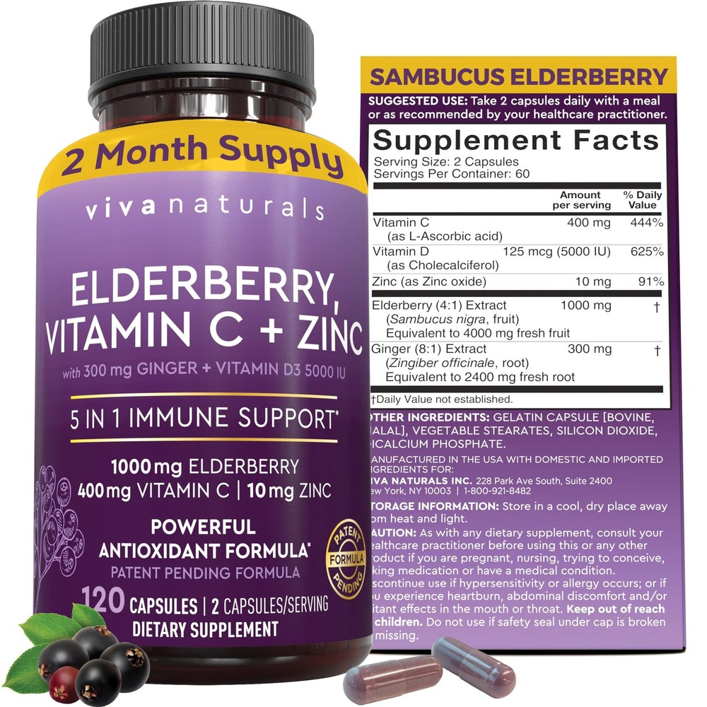 Viva Naturals Elderberry with 120 Count (Pack of 1), 5in1 120ct
