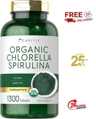 Organic Chlorella Spirulina Tablets | 1300 Count | 50/50 Blend | Non-Gmo