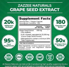 Zazzee Grape Seed Extract 180 Veggie Capsules 400 mg 95% Polyphenols Antioxidant