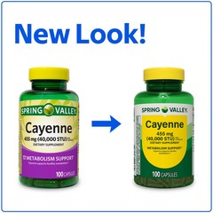 Spring Valley Cayenne Capsules 455 mg, 100 Ct Dietary Supplement for Metabolism