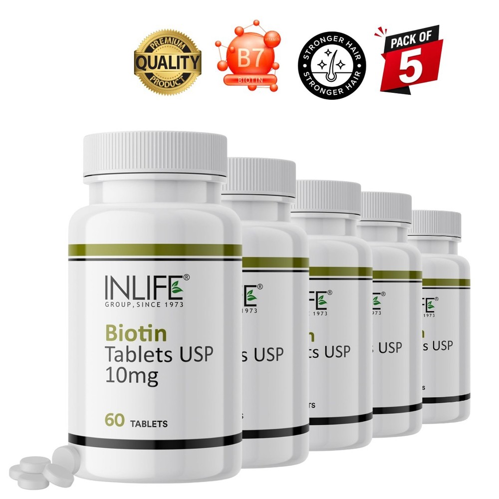 5 Pack IN.LIFE Biotin 10000mcg Vitamin B7 60 Tablets