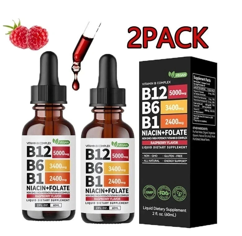 (2-PACK) Vitamin B12 Liquid Supplement Drops featuring B6, B1, Niacin & Folate