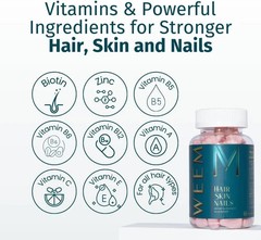 WEEM Hair Skin and Nails Gummies, Vegan biotin Vitamins, Healthy Hair (Pack 3)