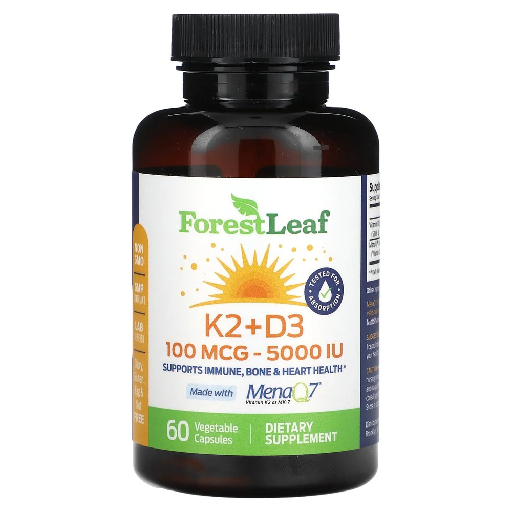 2 X Forest Leaf, K2 + D3, 100 mcg (5,000 IU), 60 Vegetable Capsules