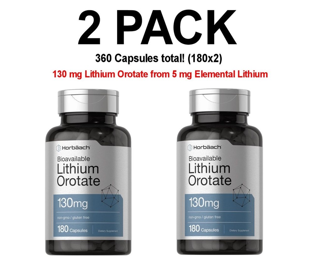 Horbaach Lithium Orotate, 2 PACK, 130 mg from 5 mg of Lithium, 180 Capsules