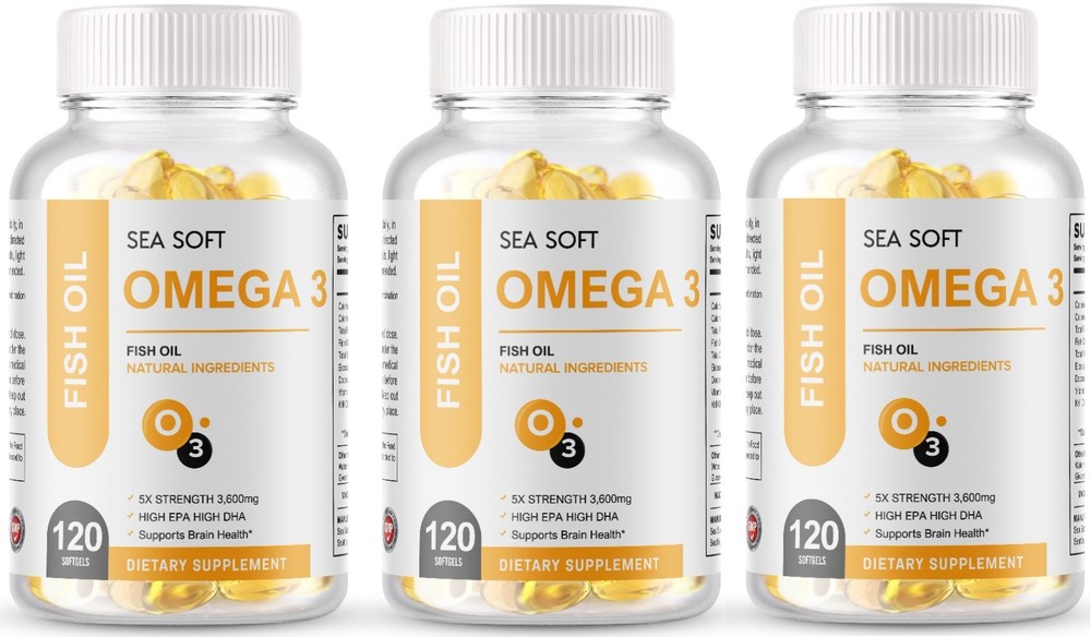 Omega 3 Fish Oil Capsules 5x Strength 3600mg EPA & DHA Highest Potency 3 Pack
