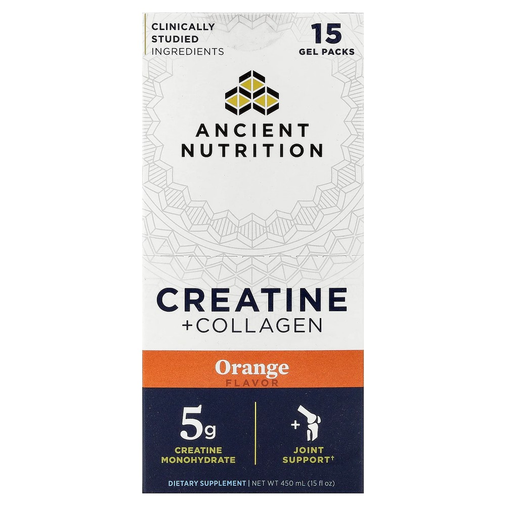 2 X Ancient Nutrition, Creatine + Collagen, Orange, 15 Gel Packs, 1 fl oz (30 m