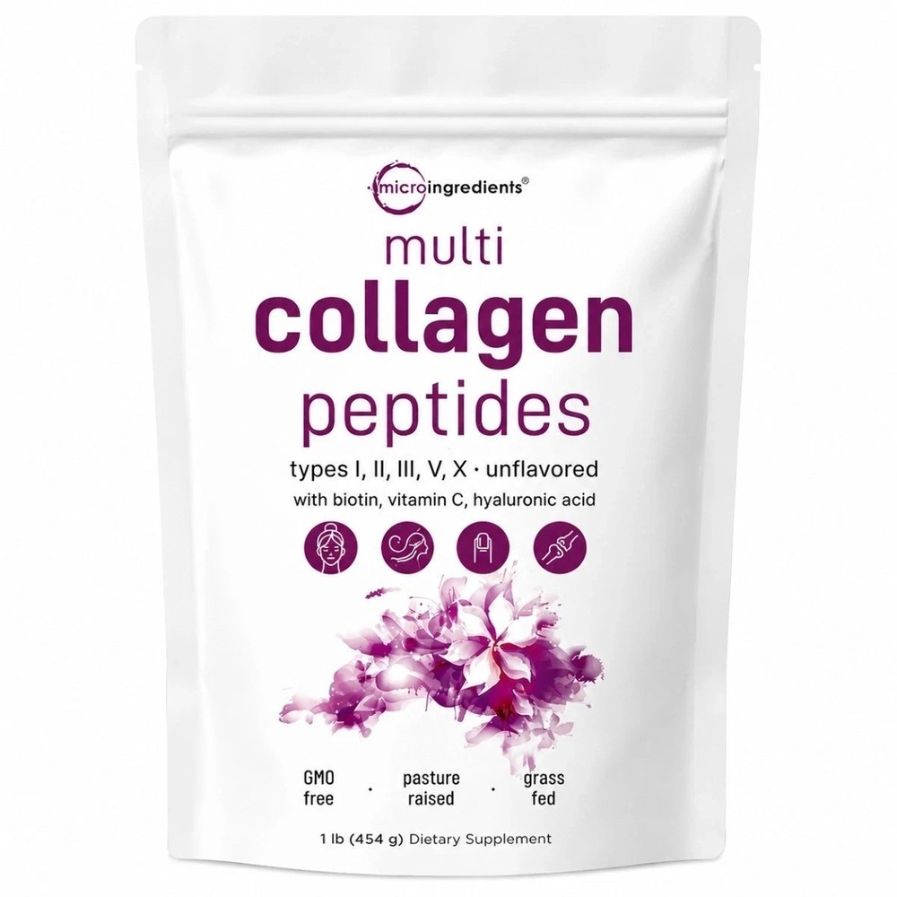 Multi Collagen Peptides Powder (I,II,III,V,X) with Biotin, C & HA, 1lb