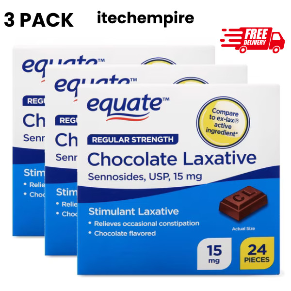 3 Pack Equate Regular Strength Laxative USP, 15 mg (Total 72) Chocolate Pieces