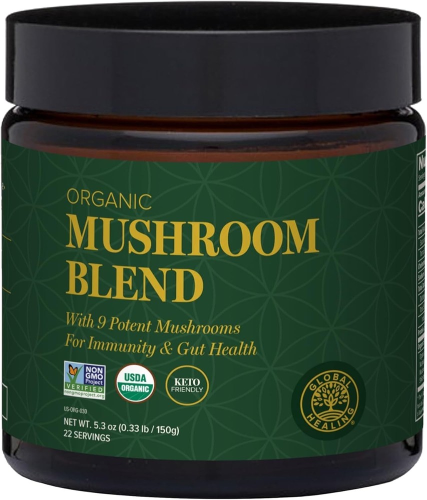 Global Healing Organic Mushrooms Powder Supplement | (9.5 Oz – 18 Servings)