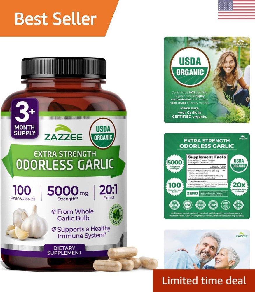 Organic Odorless Garlic Capsules – 5000 mg Strength, Peppermint-Scented, Non-GMO