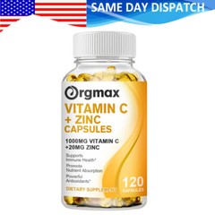 Vitamin C & Zinc Capsules Complex Supplement Vegetarian 1000mg 120 Capsules