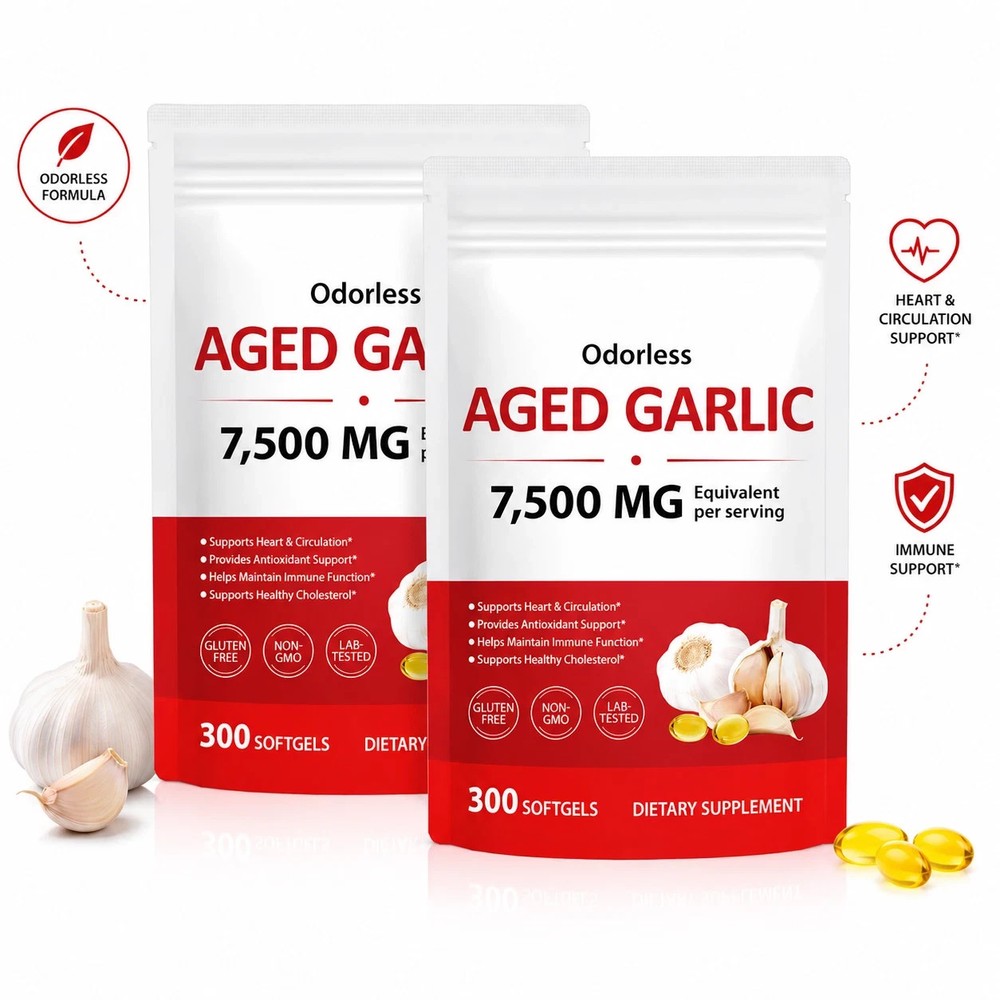 2 Pack Odorless Aged Garlic Extract 7500mg 300 Softgels – Heart Immune Support