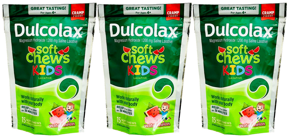 Dulcolax Soft Chews Kids Saline Laxative Watermelon Flavor 15 Ct-3 Bags=45 Count
