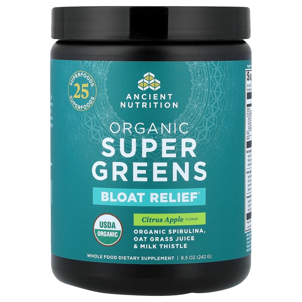 2 X Ancient Nutrition, Organic Super Greens, Bloat Relief, Citrus Apple, 8.5 oz