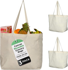 3 Pack Canvas Reusable Grocery Bags – Cotton Canvas Grocery Bag Cloth Shopping T