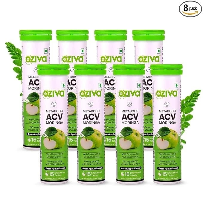 OZiva ACV Moringa Effervescent Tablets Green Apple 120 Tablets 8 Pack