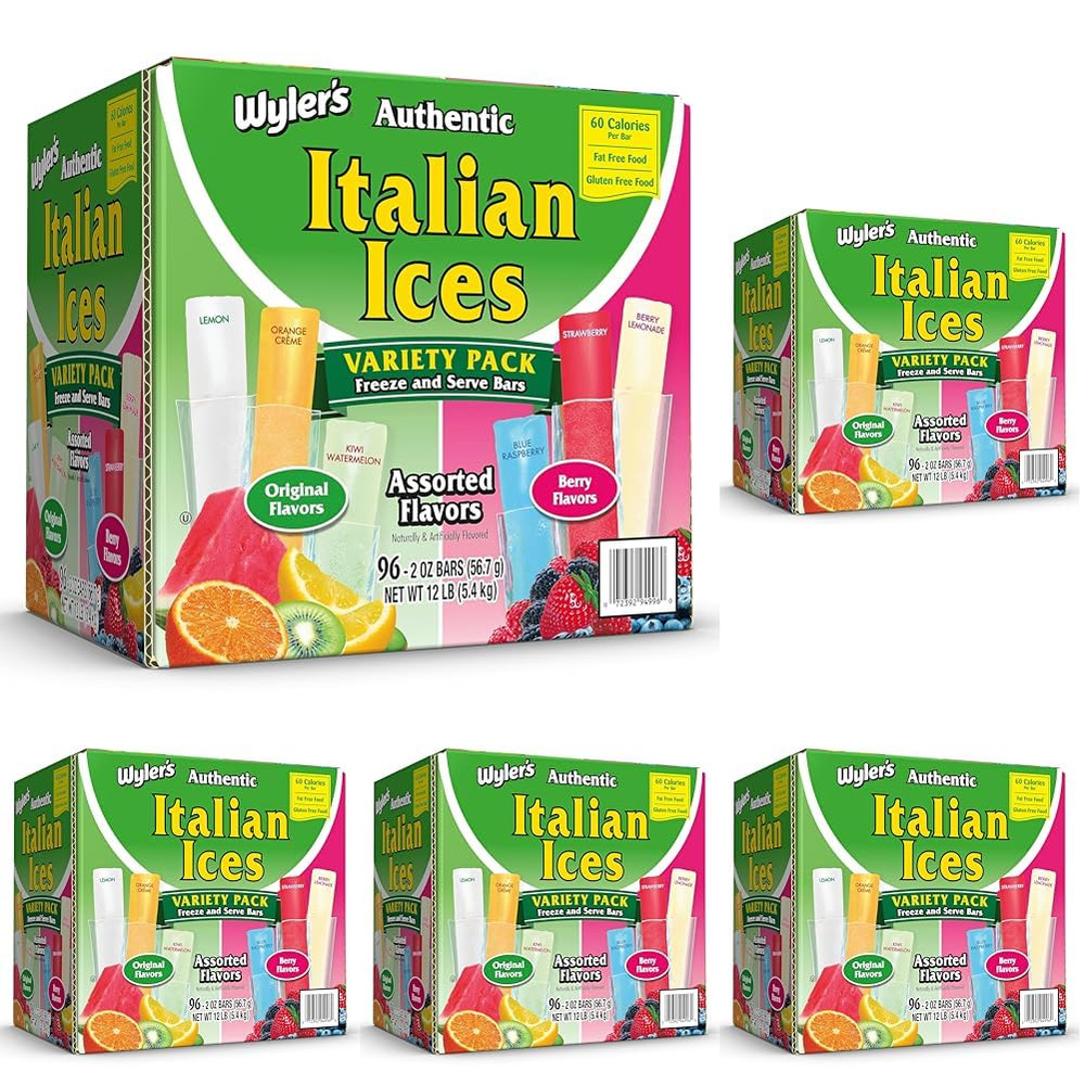 Authentic Italian Ice, Fat Free Freezer Bars Original Flavors 2Oz Bars, 96 Count