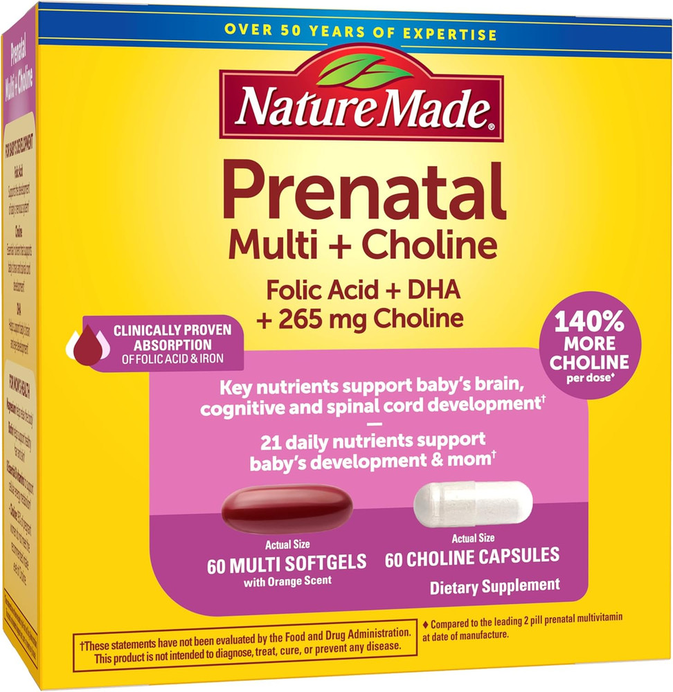 Nature Made Prenatal Vitamin Softgels Choline Capsules Folic Acid DHA 60 Day