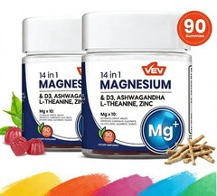 2-Pack VEV 14-in-1 Magnesium Gummies – 10 Mg Types + D3, Ashwagandha – 90 Ct