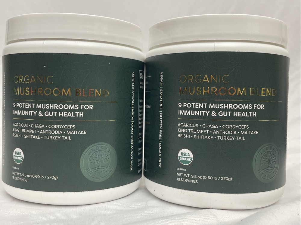 2 Pack Global Healing Organic Mushrooms Blend Supplement 9.5 Oz Sugar Free Vegan