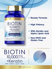Biotin 10000 mcg | 150 Capsules | With Keratin & Alpha Lipoic Acid | by Carlyle
