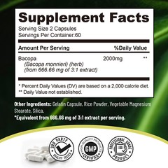 Bacopa Monnieri 2000mg – Brain Support, Gluten Free,Mental Performance – Non GMO