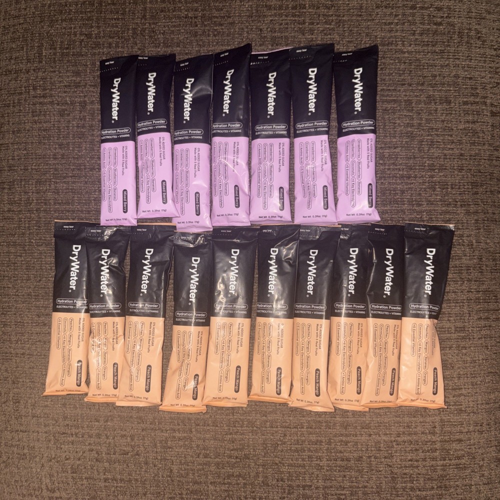 DryWater Hydration Powder Electrolytes + Vitamins 7 Mixed Berry & 10 Peach Mango