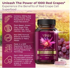 Quality Vinia Red Powder Grape Rapid Absorbtion Piceid Resveratrol 120Capsules.