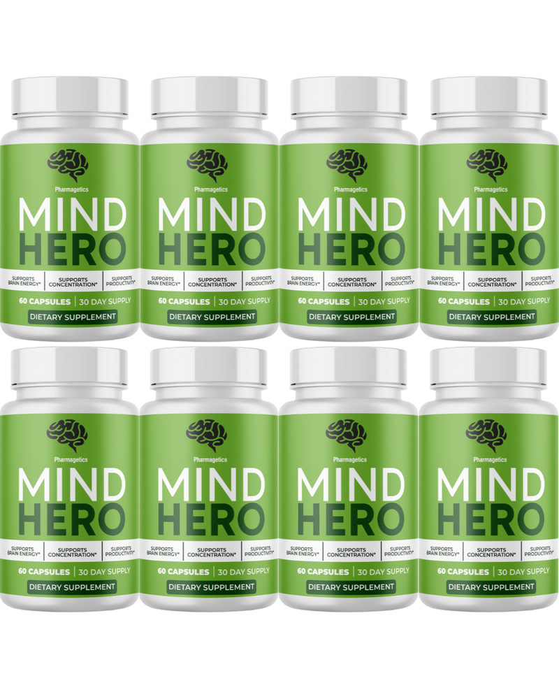 Mind Hero – Concentration Support, Brain Health & Energy Supplement- 8 Bottles