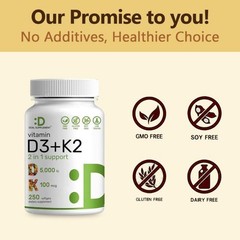 D3 K2 MK7 250 Veggie Softgels 5000IU 100mcg Gluten-Free Formula