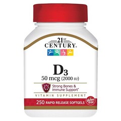 21st Century Vitamin D3 2000 IU Rapid Release Softgels Gluten Free 50 mcg 250 Ct