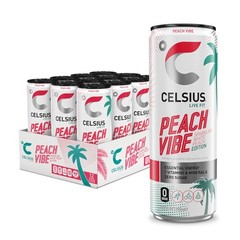 CELSIUS PEACH VIBE Sparkling White Peach, 12 Fl Oz (Pack of 12), Peach Vibe