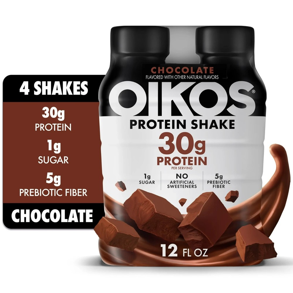 Oikos Protein Shake, Shelf Stable, Chocolate, 30g Protein, 12 fl oz, 4 Count​ Bo